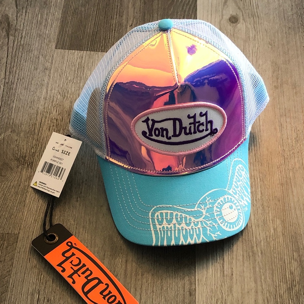 Von Dutch Purple Holographic Trucker Hat Logo Patch & Turquoise Bill OS NWT